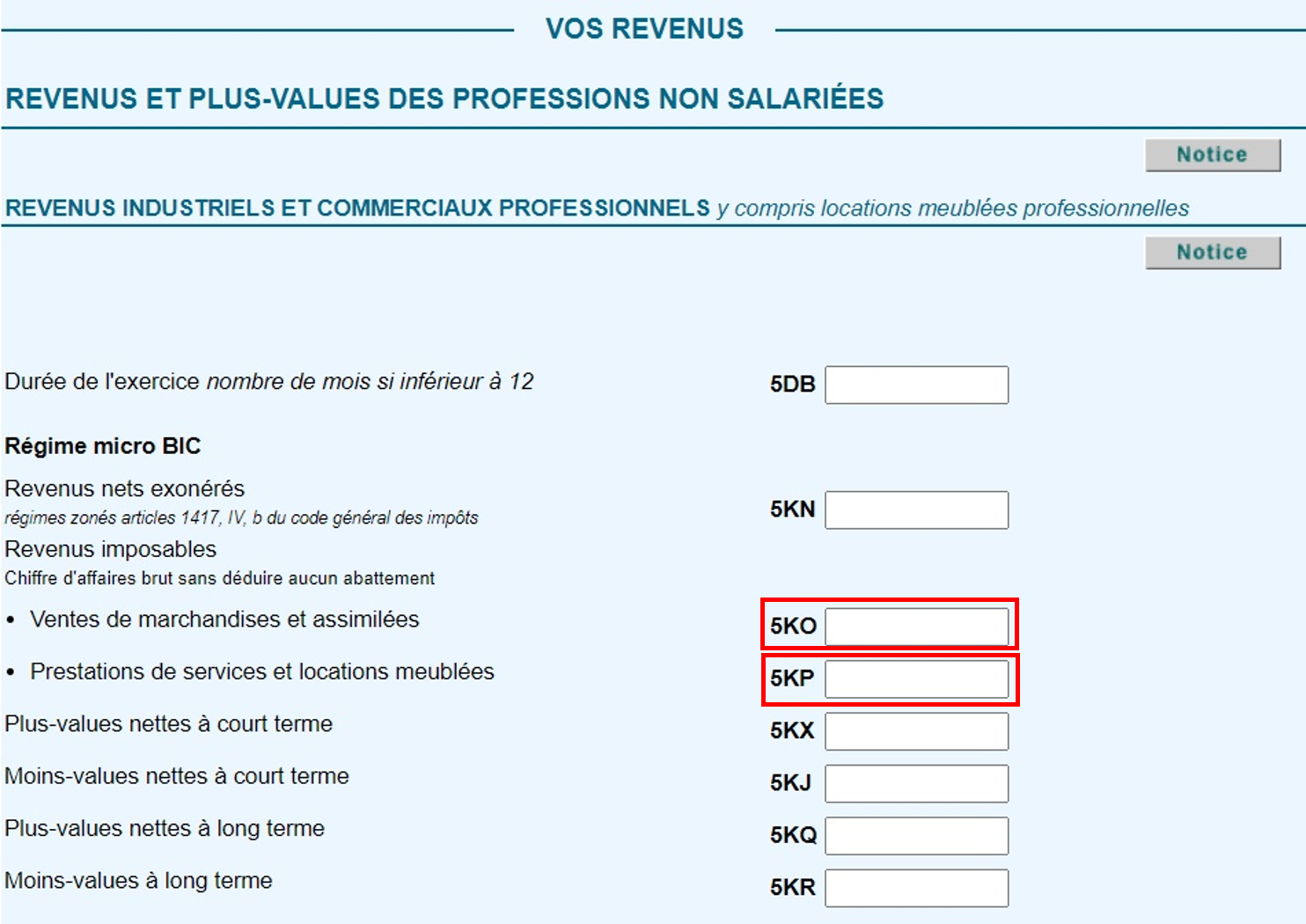 revenus industriels commerciaux 5ko 5kp