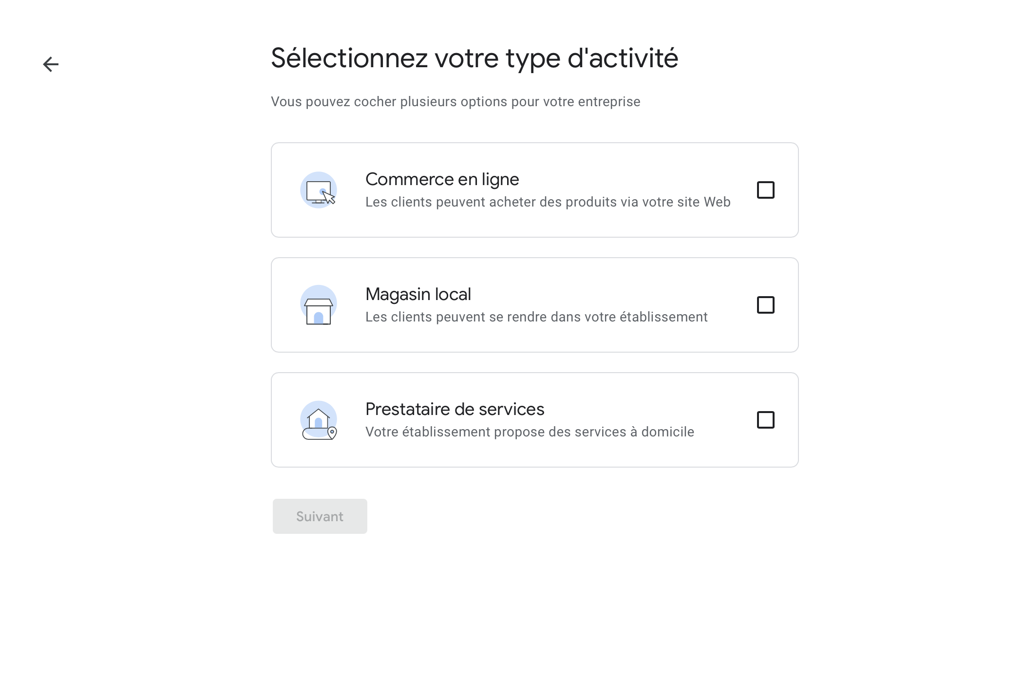 sélectionner type d'activité