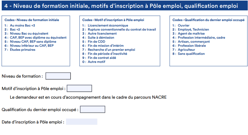 formulaire ACRE Niveau de formation initiale