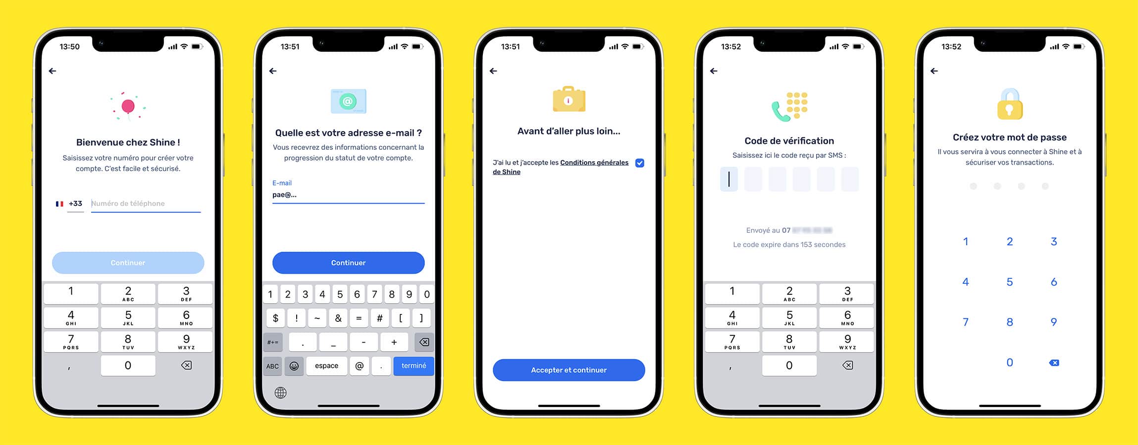 Application mobile Shine montrant la première étape de création de compte bancaire