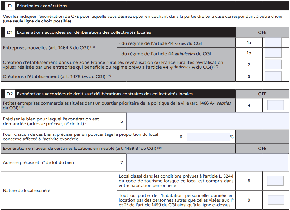 Cadre D déclaration CFE