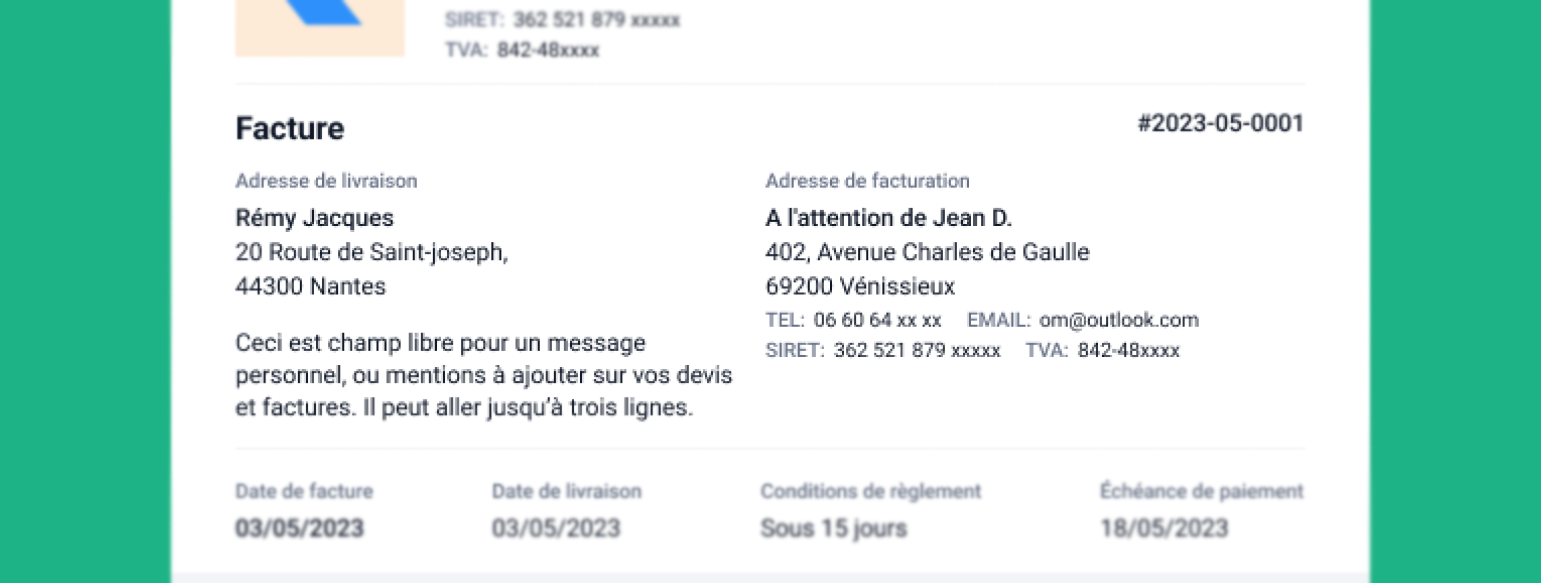 modèle de facture auto entrepreneur précisant les coordonnées du client