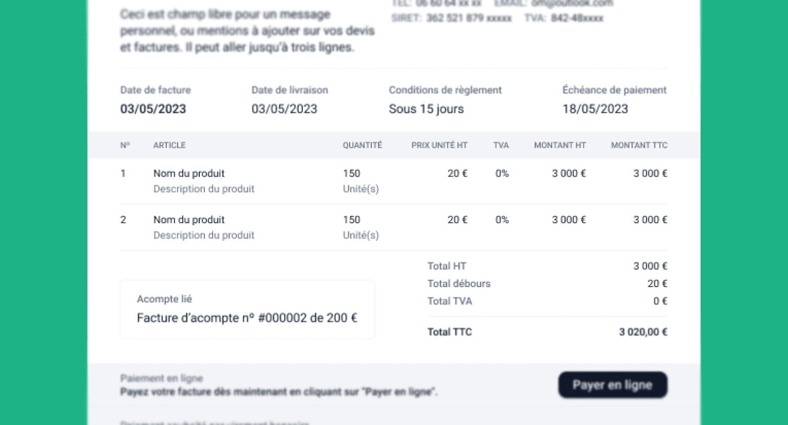 Description du service / produit ainsi que son montant et sa date de livraison