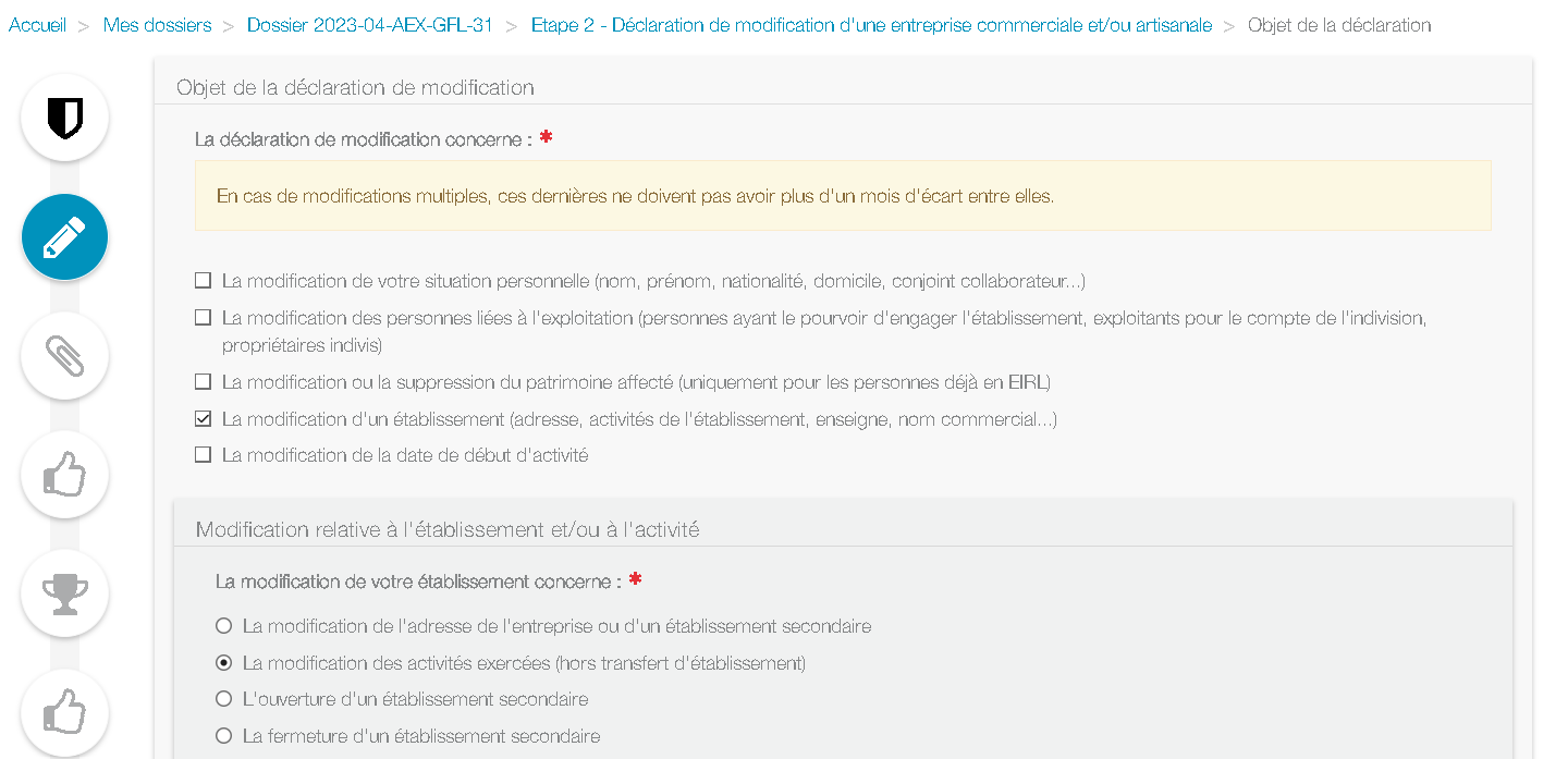 guichet unique declaration de modification