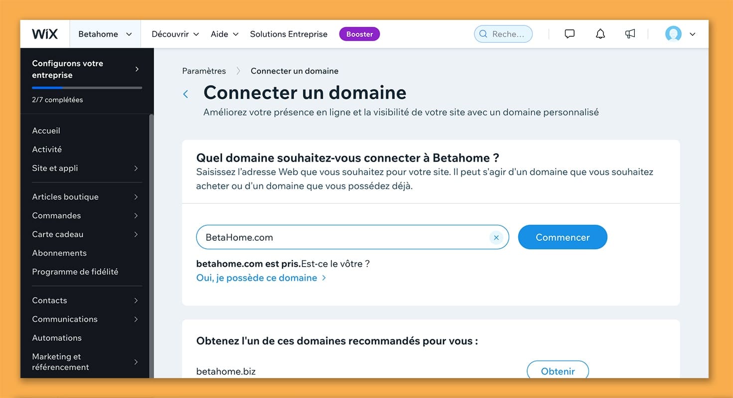 nom de domaine personnalisé wix